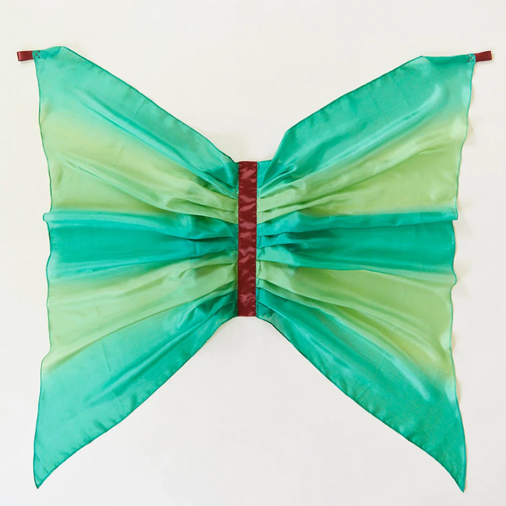 Sarah's Silks Forest Fairy Wings Children's Dress-Up Accessory. Ombre emerald green and lime green silk fairy wings. Medium brown silk band in the middle and finger loops on top of wings. 