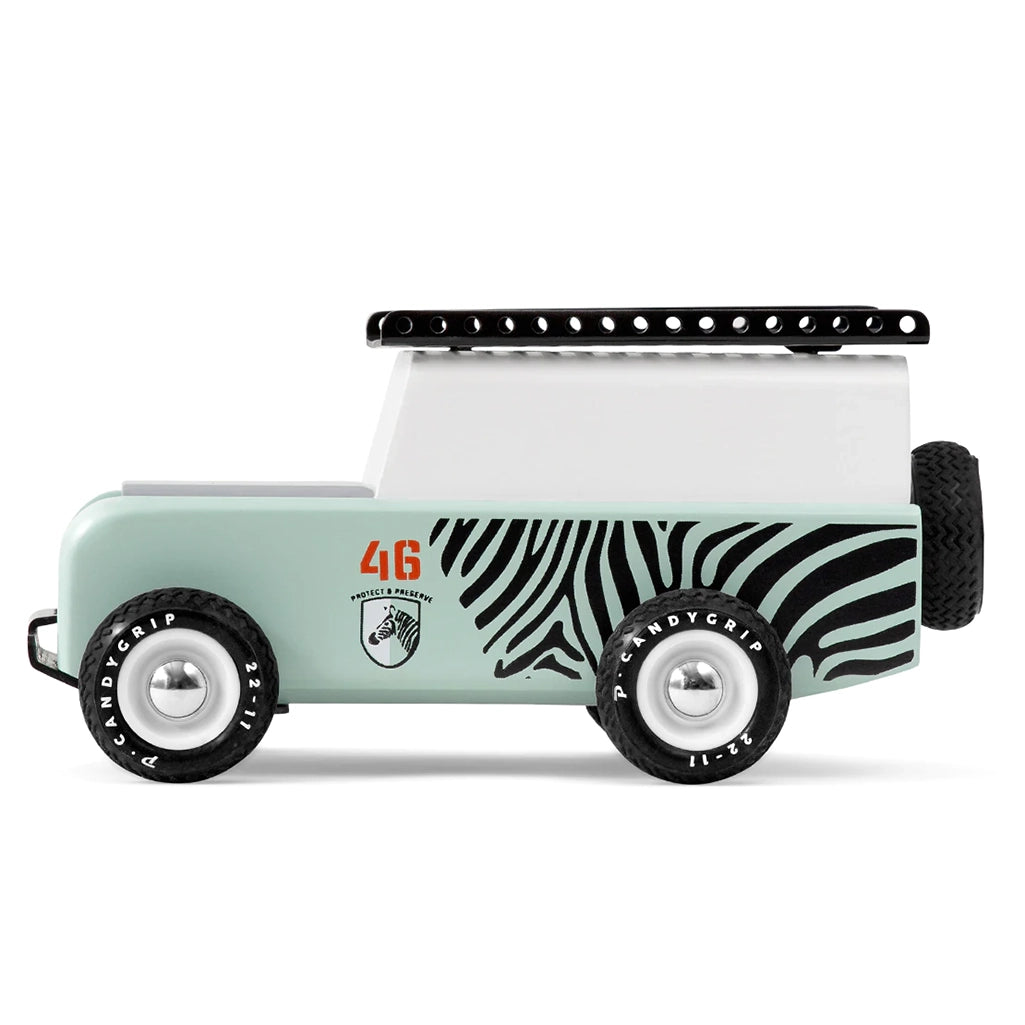Candylab Drifter Adventure Zebra Car with mint and black zebra print.
