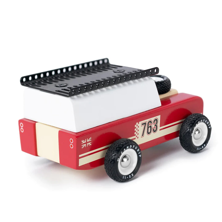 Back view of the red Candylab Drifter Nigel toy car, showcasing its retro design.