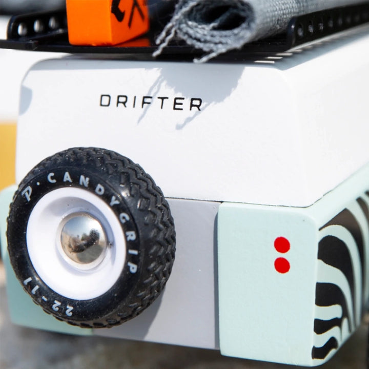 Up-close image of the Drifter Adventure Zebra car's rear spare tire.