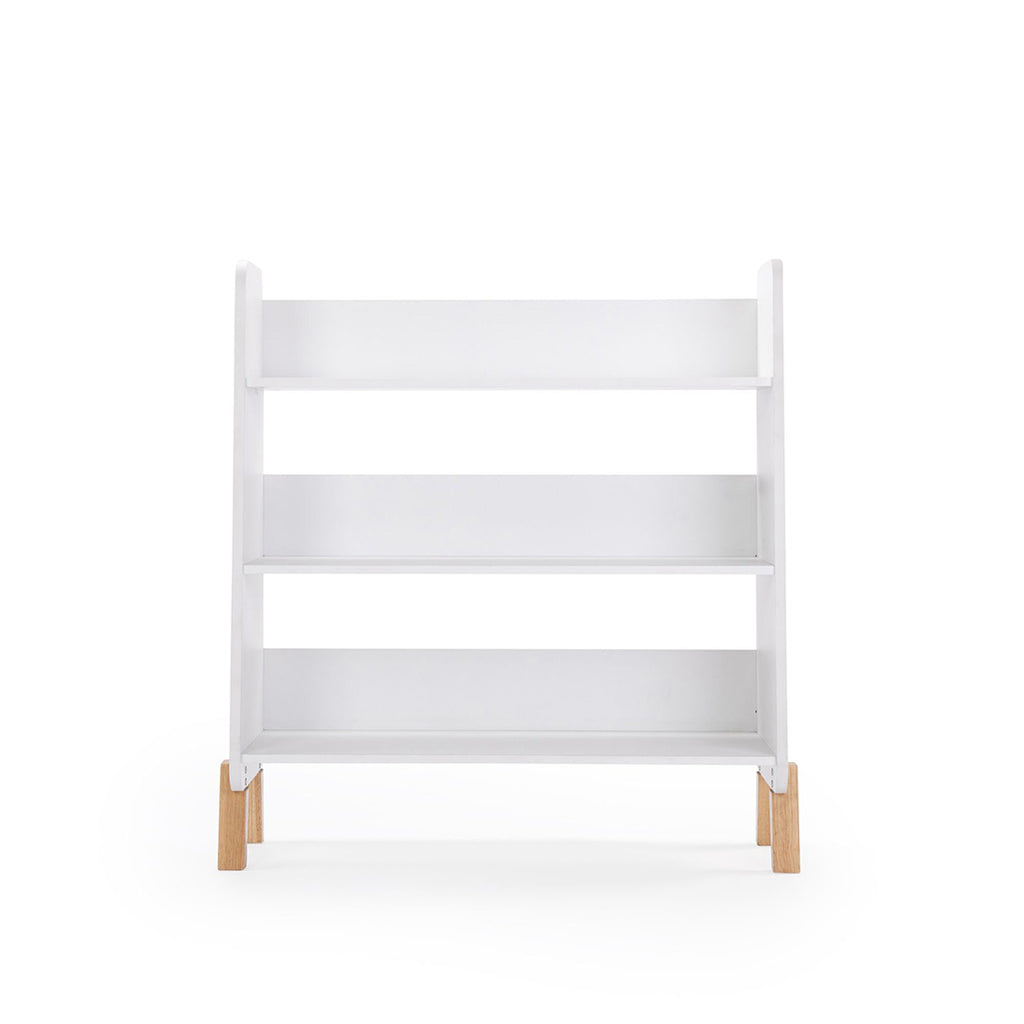 dadada White & Natural Muse Children's Nursery Bookshelf. White, three shelf bookcase with natural colored legs. Front view.