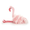 Jellycat Little Flo Maflingo Stuffed Animal Children's Toy. Two-toned pink flamingo with ruffles in body of "fur". Side view.