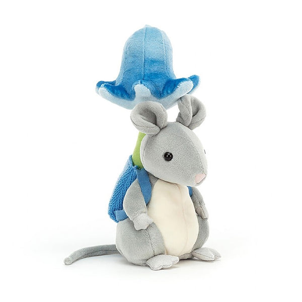 Jellycat flower forager mouse childrens stuffed animal toy with blue backpack and blue flower 