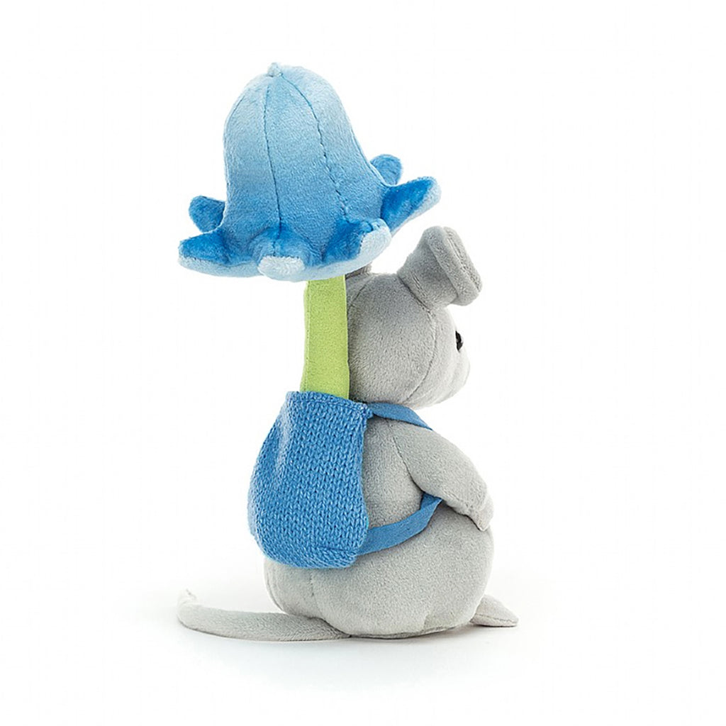 Jellycat flower forager mouse childrens stuffed animal toy with blue backpack and blue flower - back