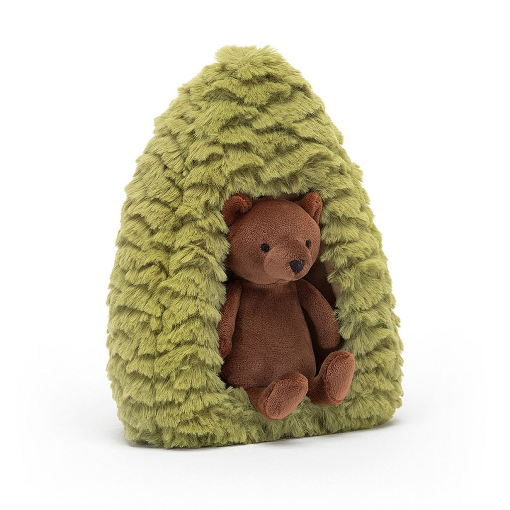 Jellycat Forest Fauna Bear Removable Stuffed Animal Children's Toy. Shown in tree house.
