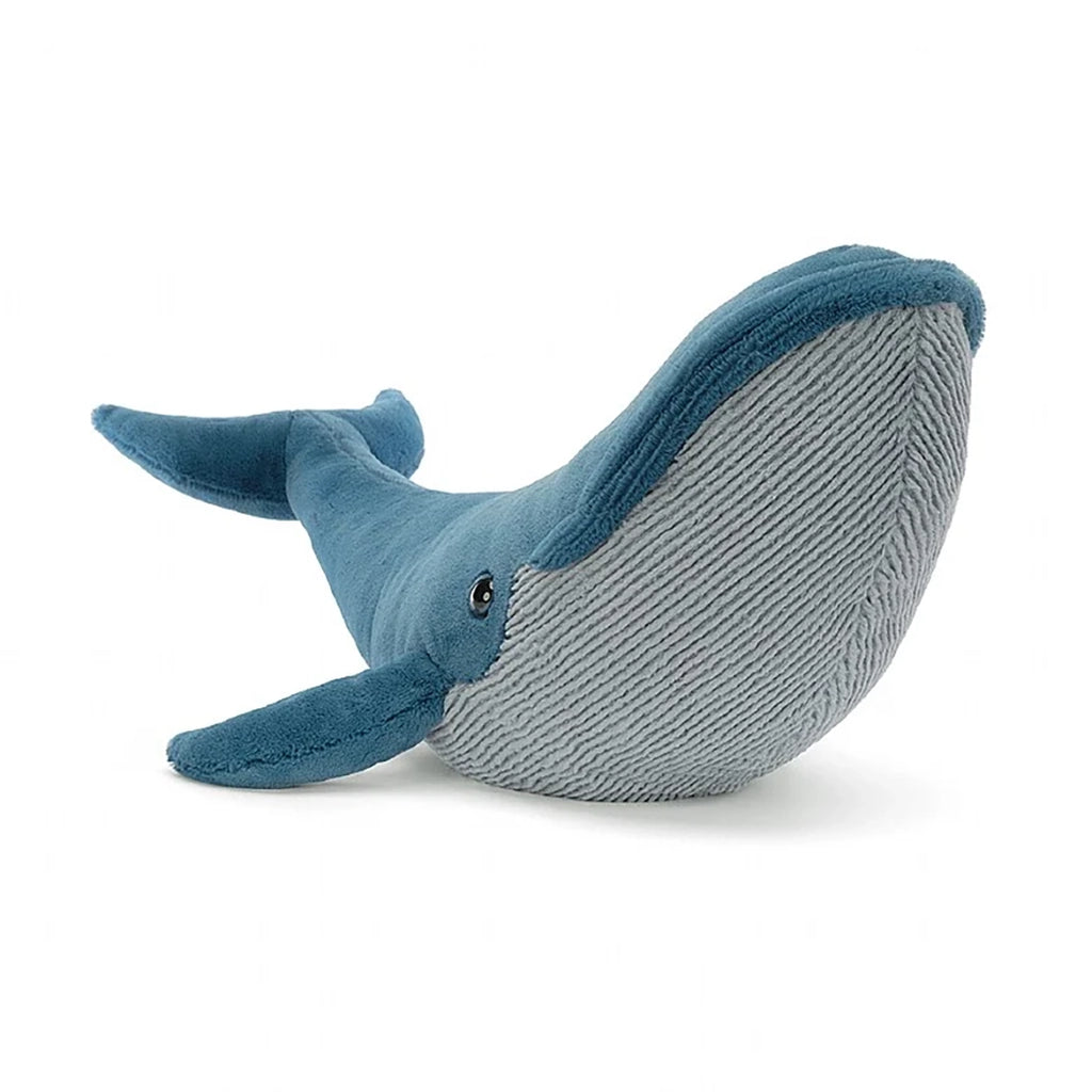 Jellycat Gilbert the Great Blue Whale Stuffed Animal Children's Toy. Blue whale with grey underbelly. Front view.