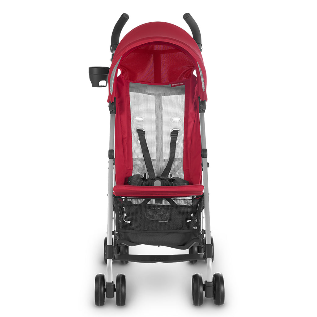 Front of Denny Red UPPAbaby G-LITE compact stroller