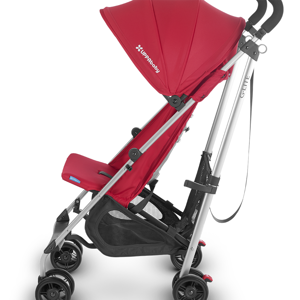 Side of Denny Red UPPAbaby G-LITE compact stroller