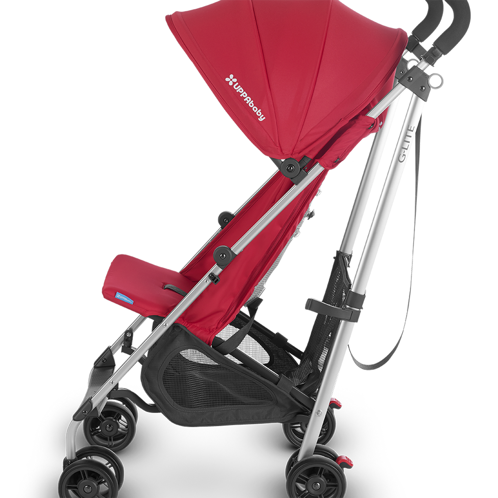 Side of Denny Red UPPAbaby G-LITE compact stroller