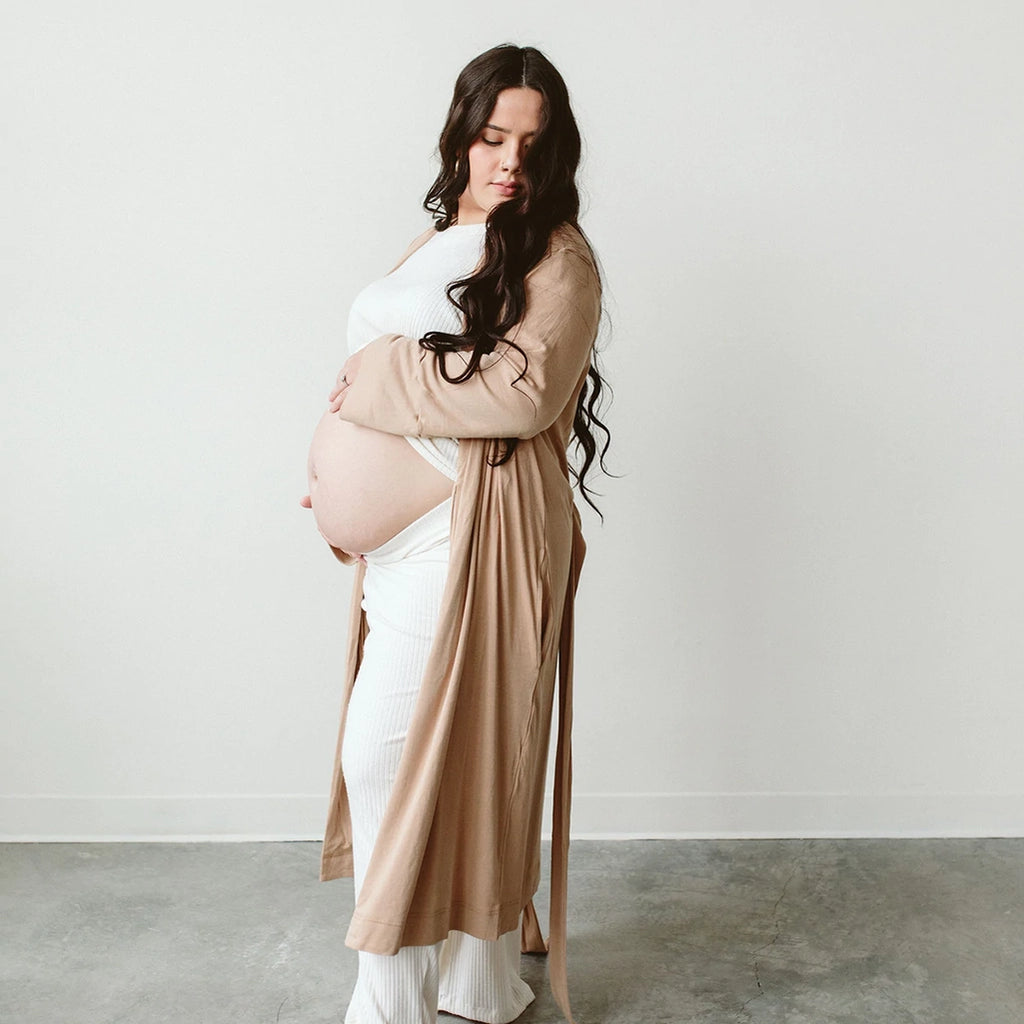 Goumikid's Sandstone Bamboo Organic Cotton Women's Robe. Light brown women's robe with sewn-in tie. Featured on pregnant model.