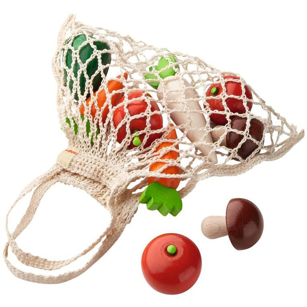 HABA Children's Pretend Play Shopping Net with Wooden Vegetables Set carrot radish tomato mushroom 