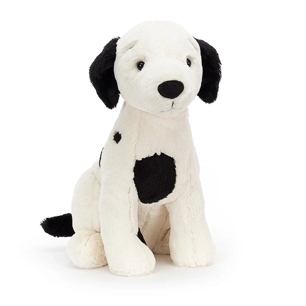 Jellycat Harper Pup. Black & White spotted dog stuffed animal. Front view.