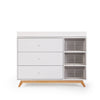 dadada White/Natural Central Park 3-Drawer Dresser Children's Nursery. front view with baskets and changing table. Baby nursery furniture