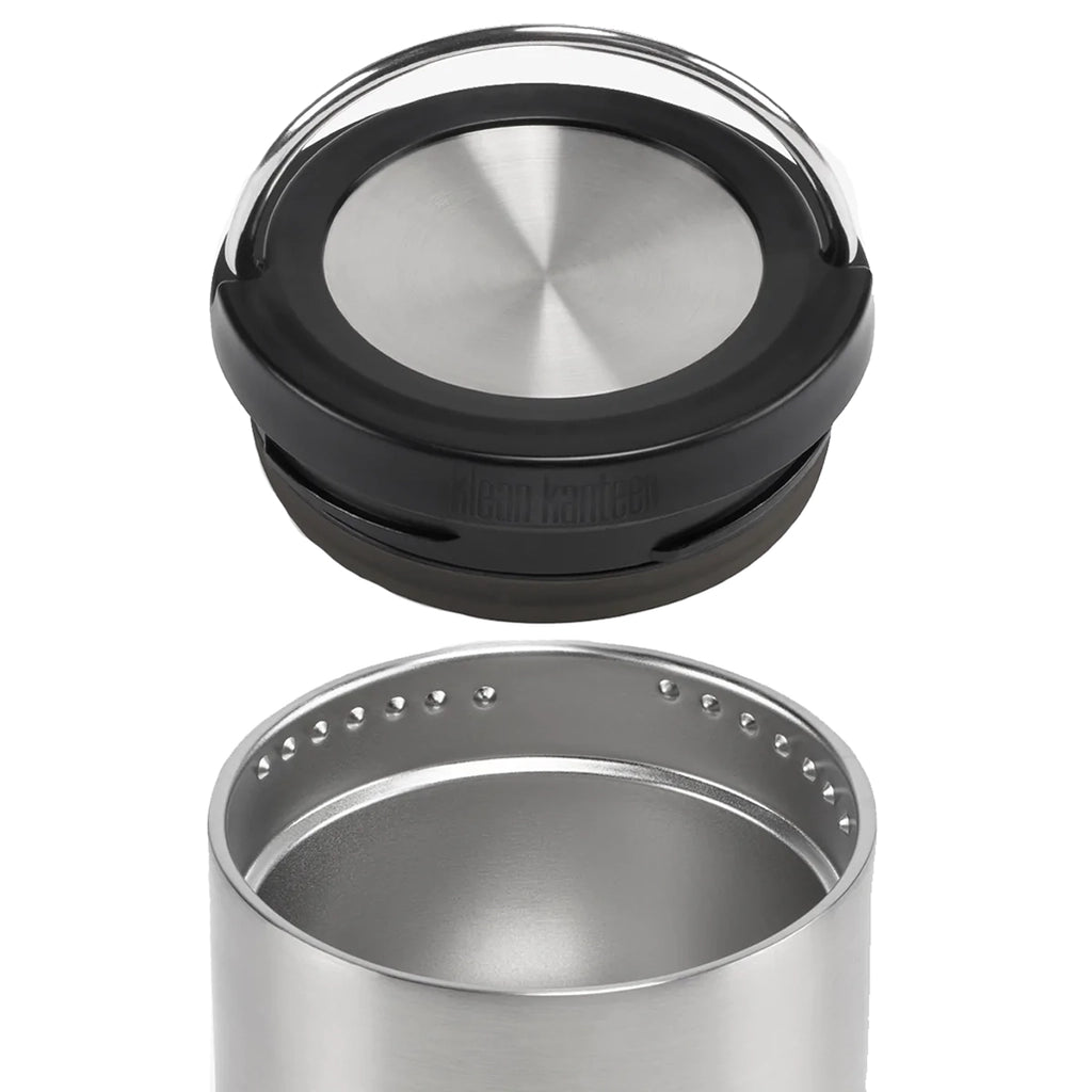 Klean Kanteen 16oz TK Canister Stainless Steel Food Storage Container. Shown with lid off showcasing the threads.