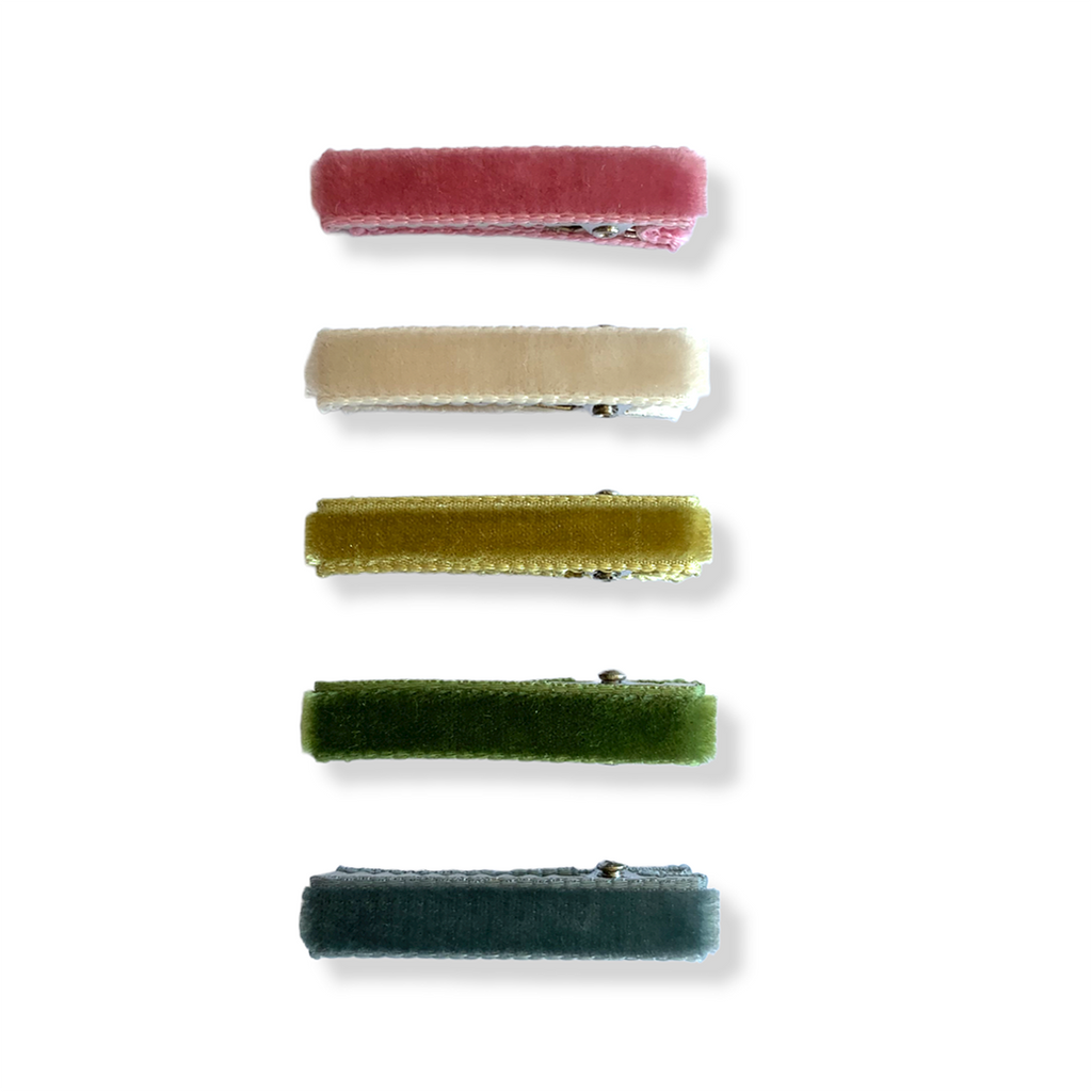Hello Tartlet Petite Velvet Hair Clips in the colors Guava, Custard, Lemongrass, Sage, and Agave.