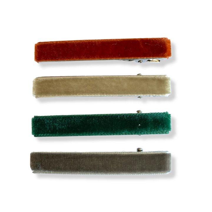 Hello Tartlet Large Velvet hair clips in Paprika, Tahini, Juniper, and Pepper. Bridal Hair Clips.