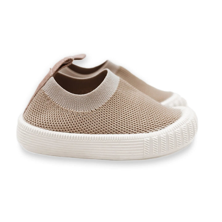 Mrs Ertha's Harbor Mocs Children's Slip-on Summer Shoes. Light tan in color with white rubber sole. Slip-on children's shoes. 