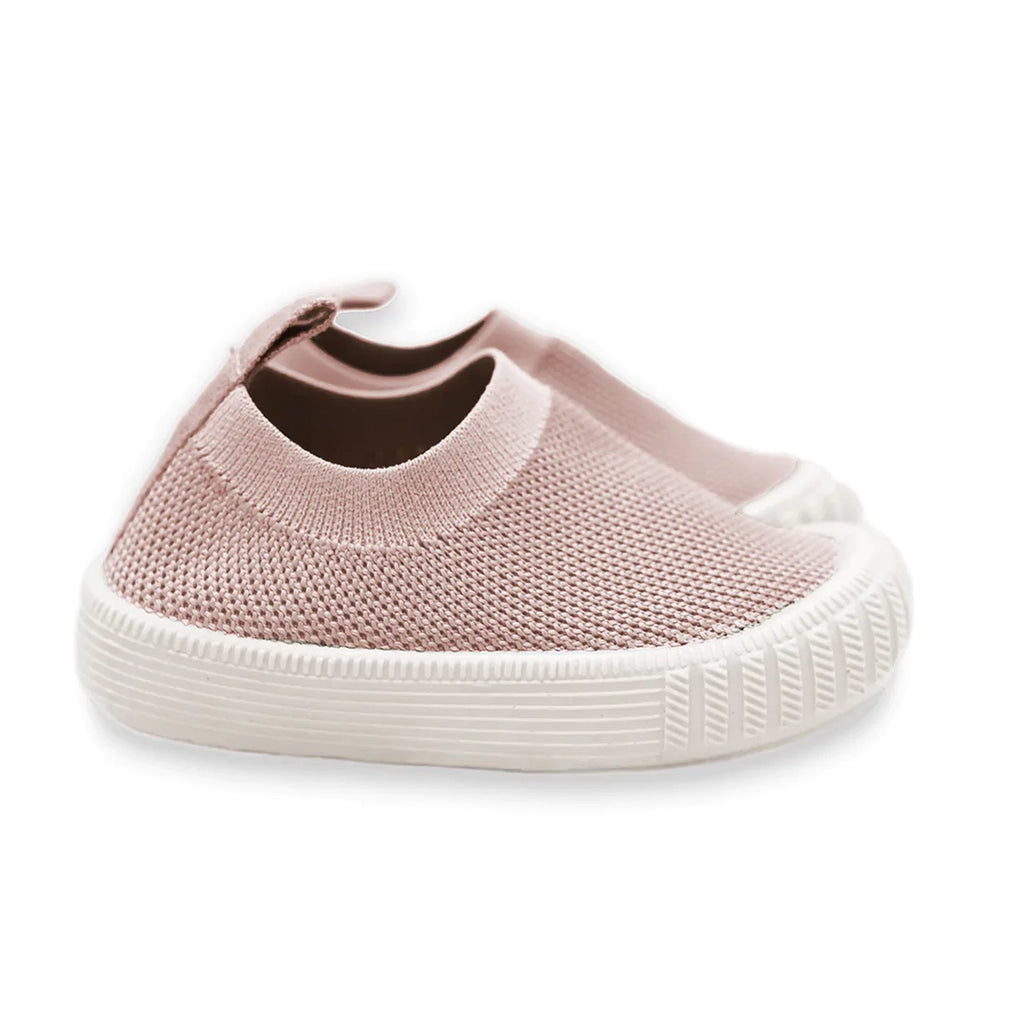 Mrs Ertha's Blush Mocs Children's Slip-on Summer Shoes. Light pink stretch fabric shoes with white rubber sole. Slip on. 