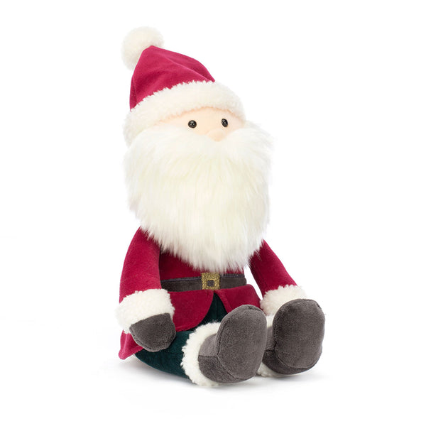 Jellycat Jolly Santa Christmas stuffed animal. Long white beard, red coat and hat with white faux fur trim. Dark green pants and grey boots.