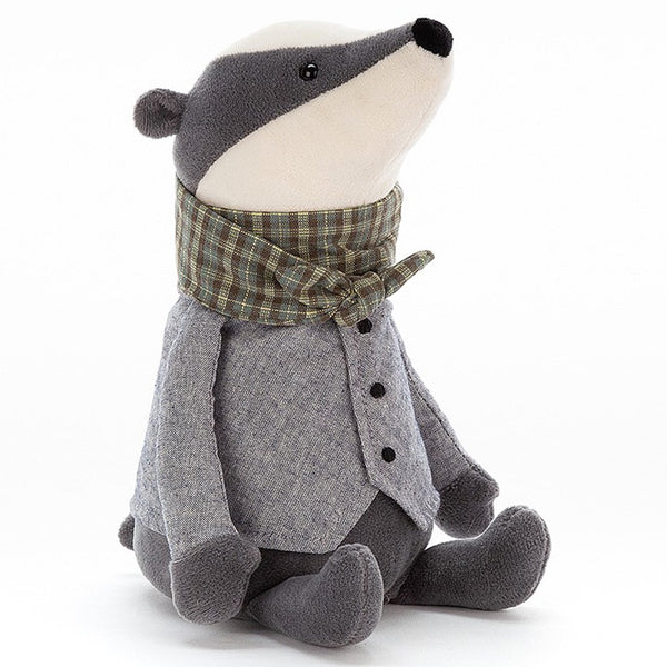 Jellycat Badger Riverside Rambler Children's Stuffed Animal Toy grey green plaid scarf