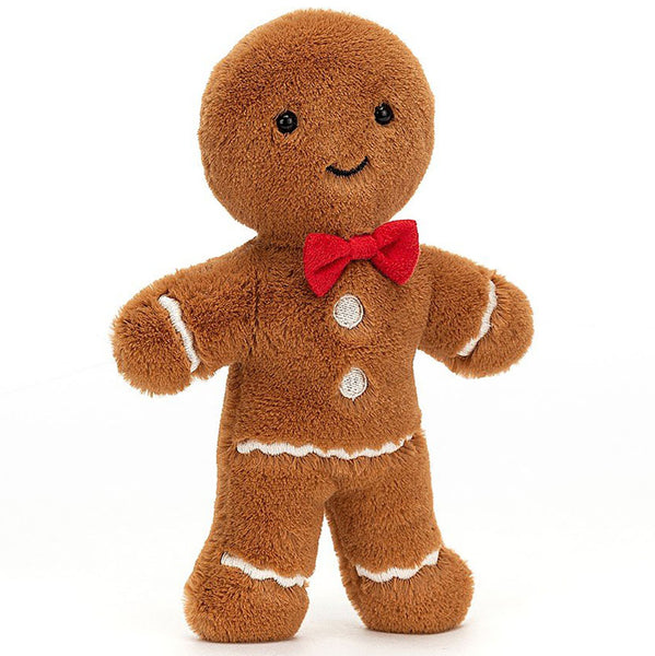 Jellycat Jolly Gingerbread Fred stuffed animal. Small gingerbread cookie shaped stuffie..
