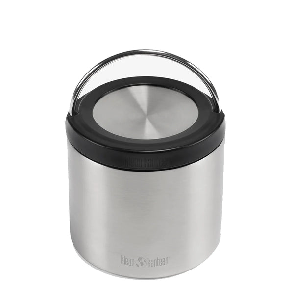 Klean Kanteen 16oz TK Canister Stainless Steel Food Storage Container. Stainless steel travel container. Black lid shown with handle in the upright position. 