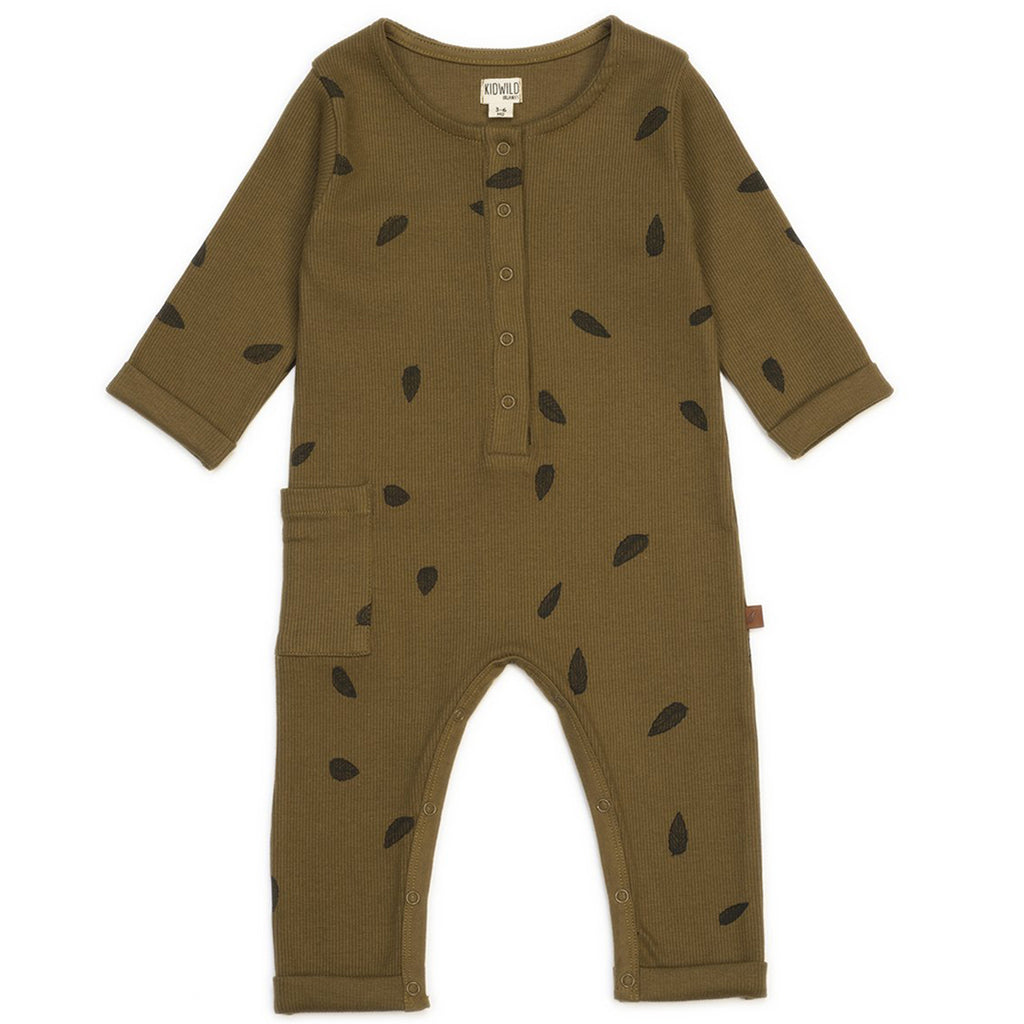 Kid Wild Organics Leaves Henley Playsuit Baby Organic Cotton One-Piece green with black leaf accents