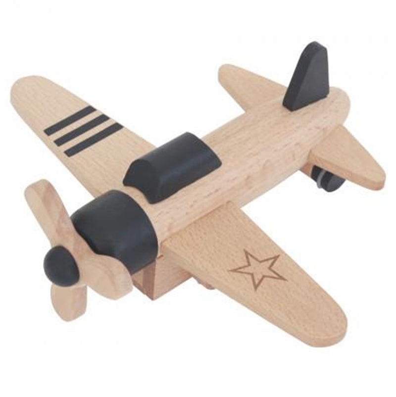 Black and beige friction propeller plane, wooden toy aircraft by Kiko+.