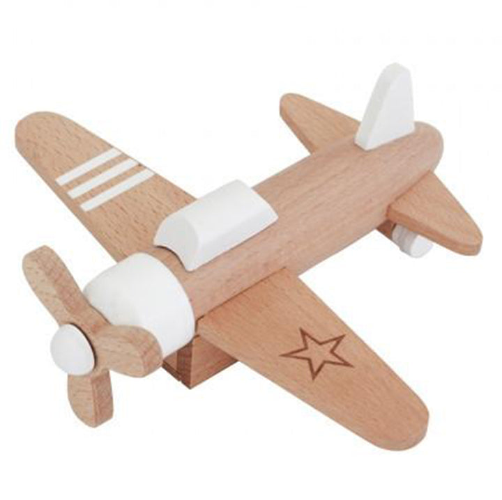 White and beige wooden propeller plane for kids, handcrafted by Kiko+.