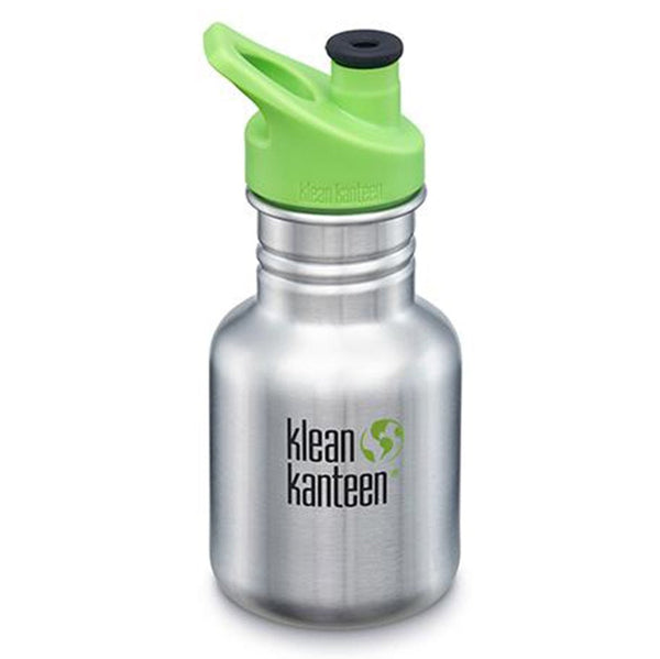 Klean Kanteen Brushed Stainless 12oz Kid's Sports Cap Water Bottle silver metallic green cap 