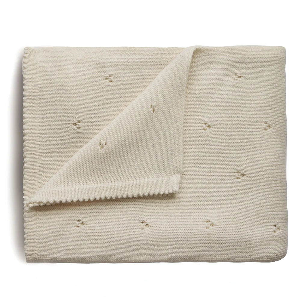 Mushie Ivory Knitted Pointelle Baby Blanket For Nursery