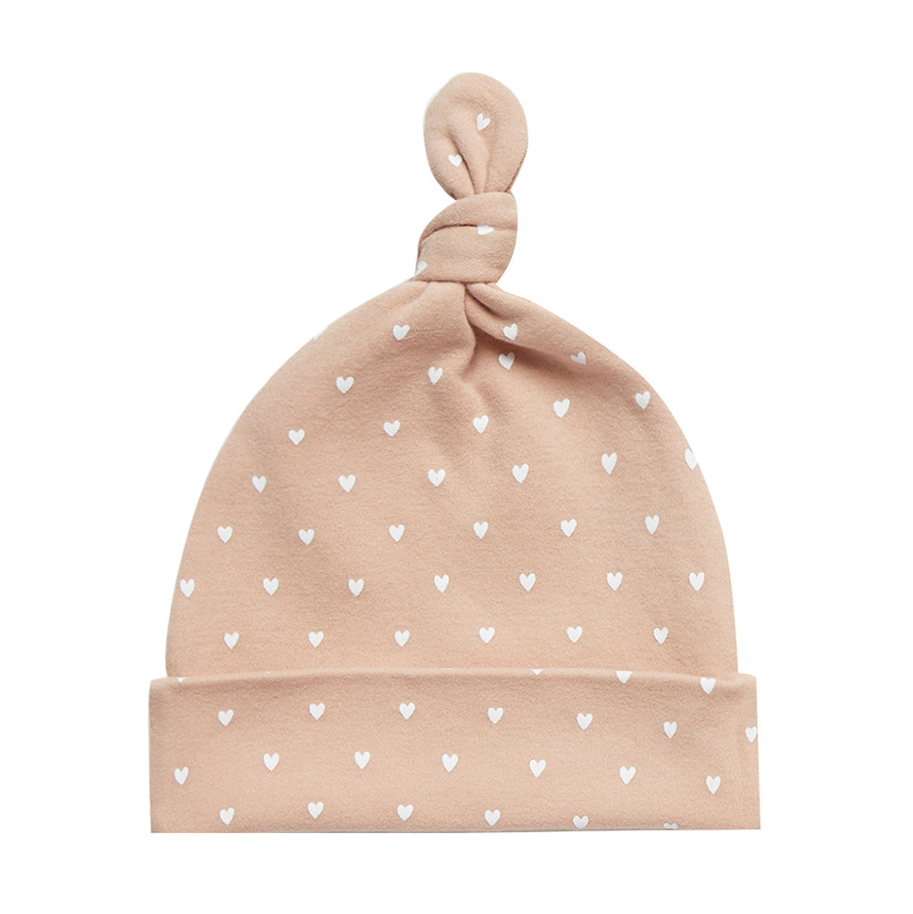 Quincy Mae 100% Organic Cotton Brushed Jersey Infant Baby Knotted Hat petal pink light white heart polka dot