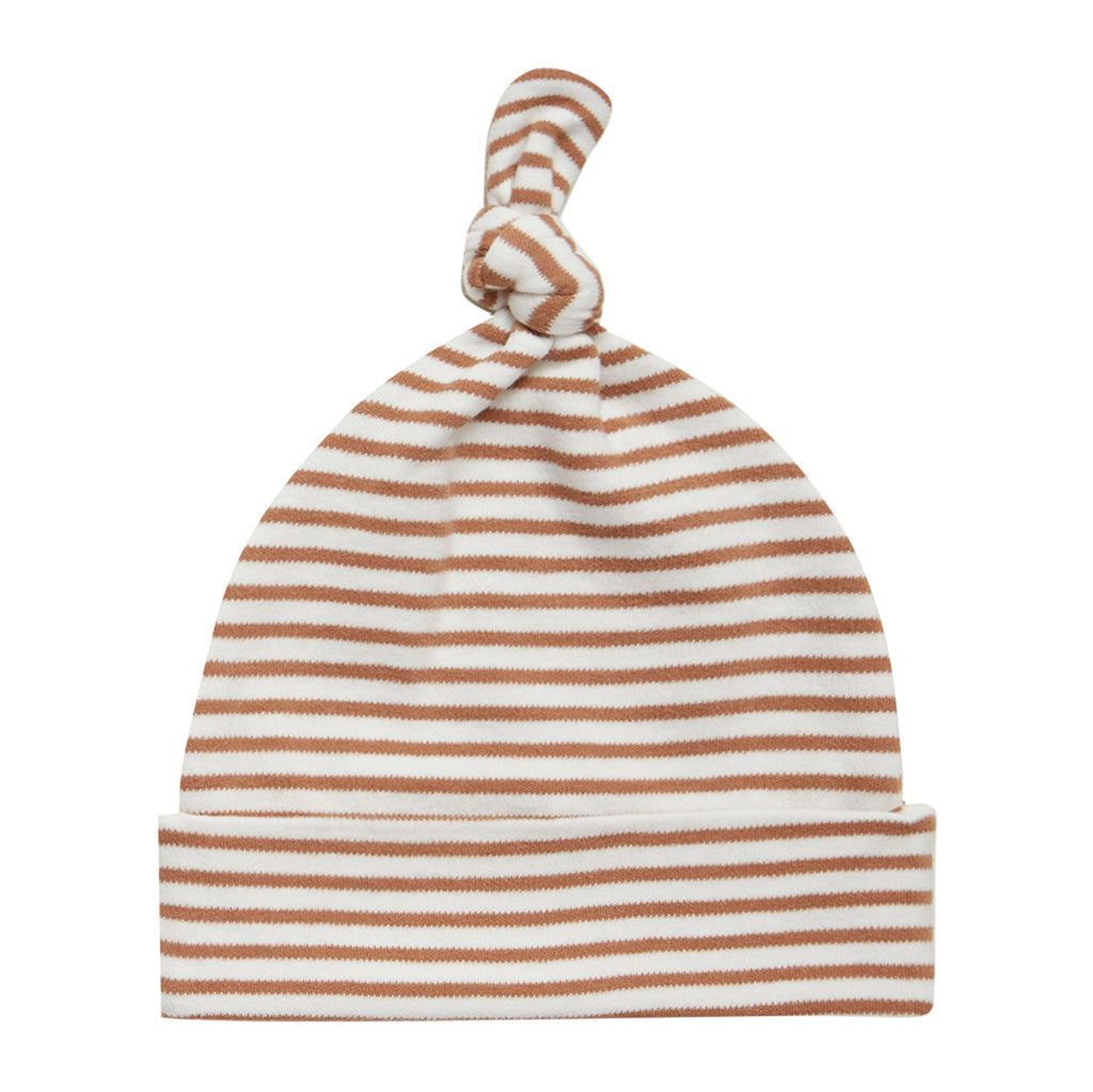 Quincy Mae 100% Organic Cotton Brushed Jersey Infant Baby Knotted Hat rust stripe burnt orange beige white