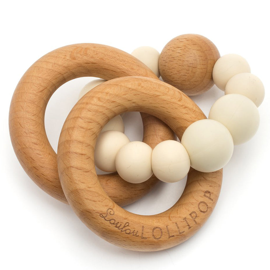 LouLou LOLLIPOP 100% Food Grade Bubble Silicone & Wood Baby Teether beige neutral