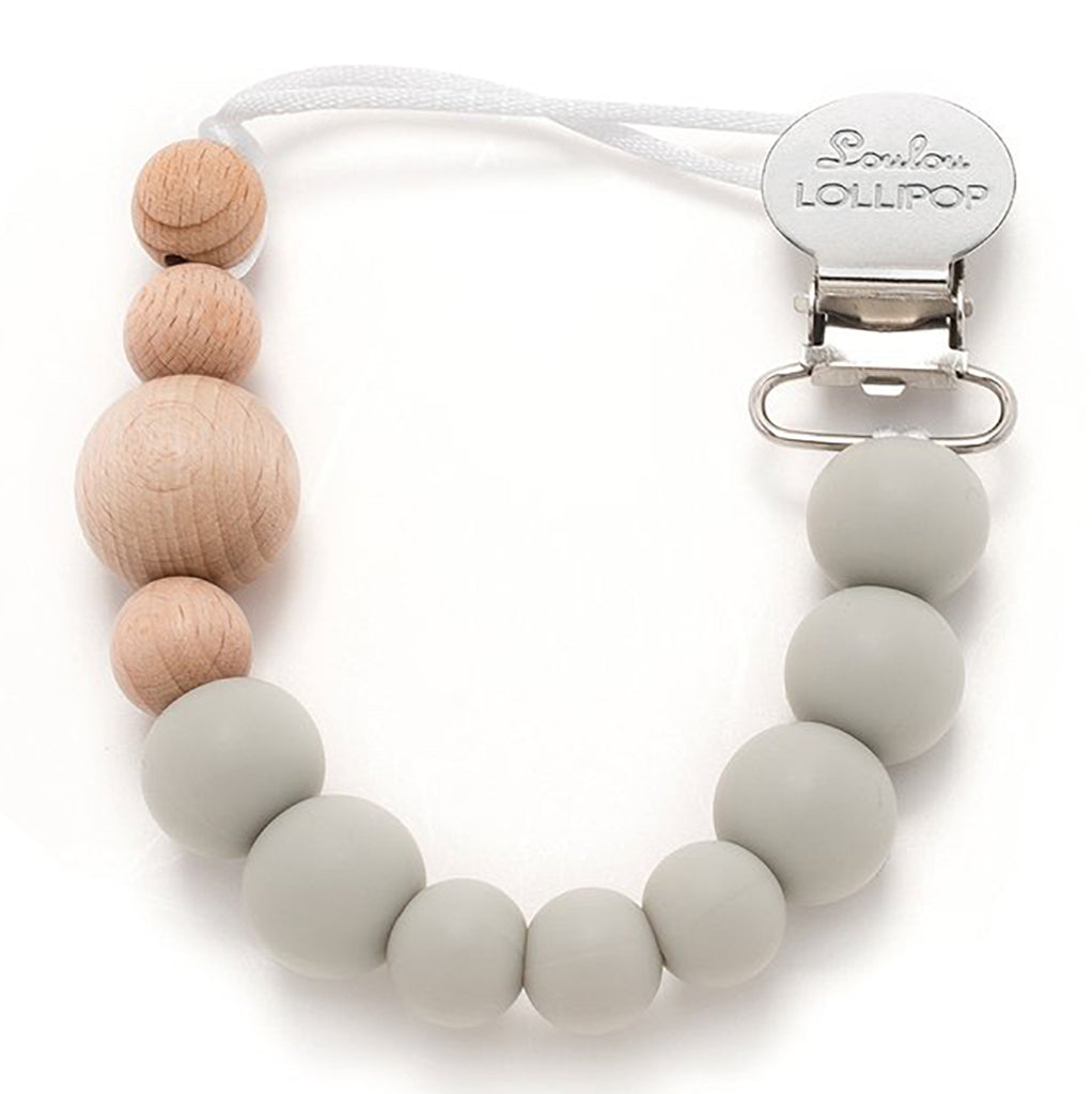 LouLou LOLLIPOP Food Grade Silicone & Beech Wood Baby Pacifier Clip cool gray neutral