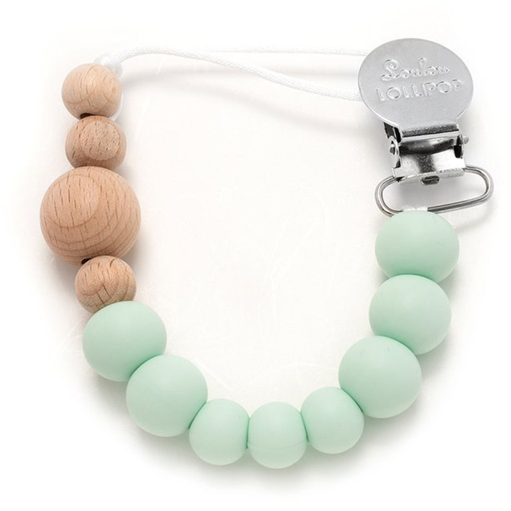 LouLou LOLLIPOP Food Grade Silicone & Beech Wood Baby Pacifier Clip mint green pastel