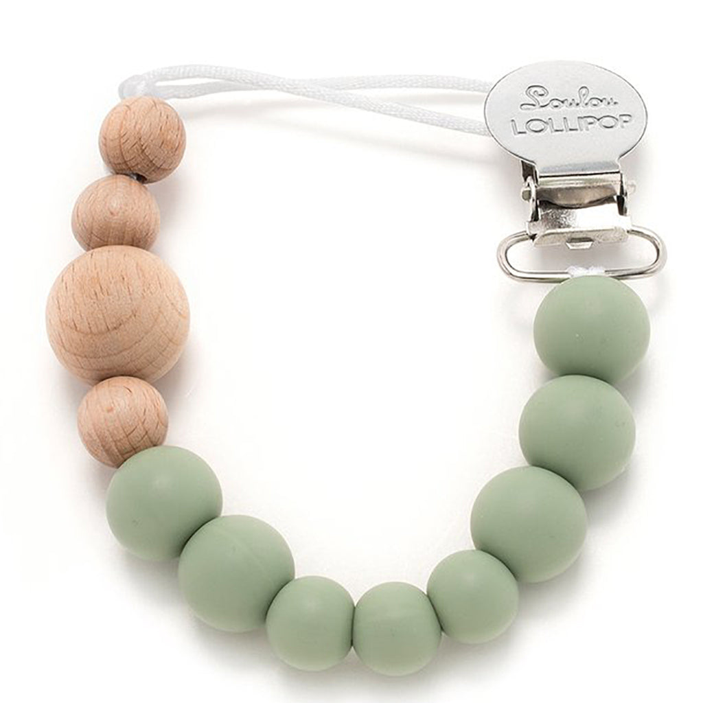 LouLou LOLLIPOP Food Grade Silicone & Beech Wood Baby Pacifier Clip sage green neutral