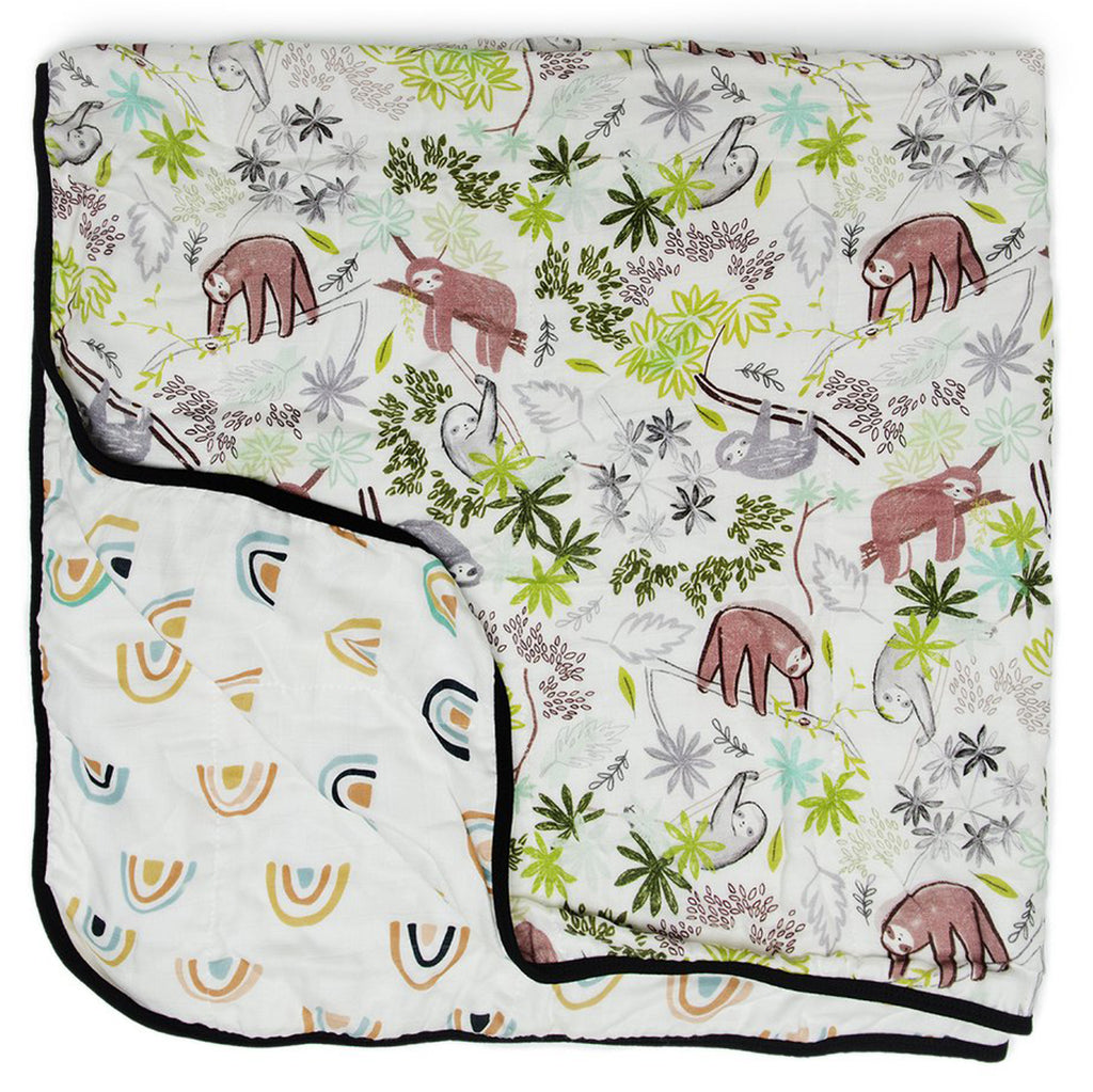 LouLou LOLLIPOP Deluxe Bamboo & Cotton Muslin Children's Quilt Blanket sloth brown multicolored rainbows