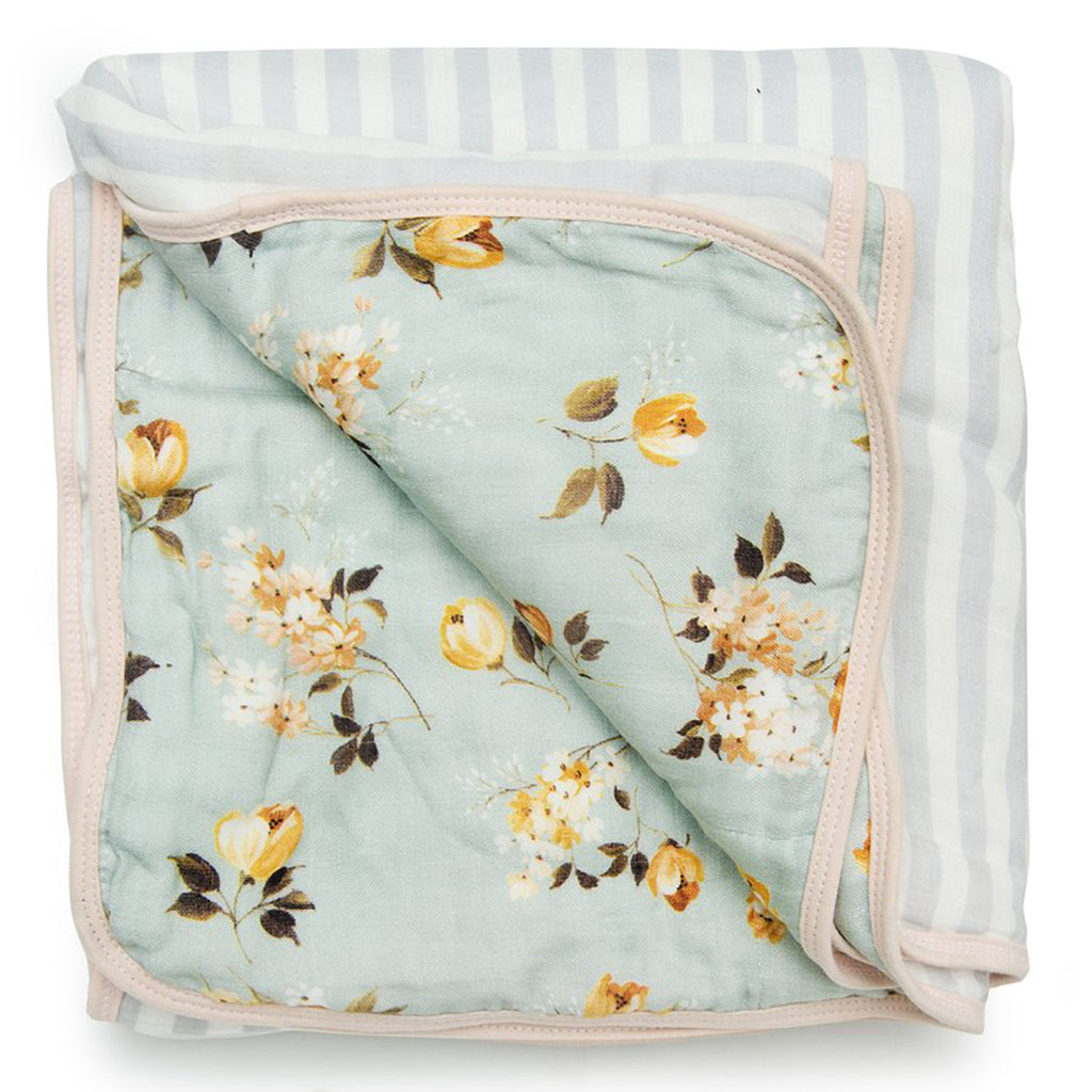 LouLou LOLLIPOP Deluxe Bamboo & Cotton Muslin Children's Quilt Blanket wild rose floral grey pin stripe 