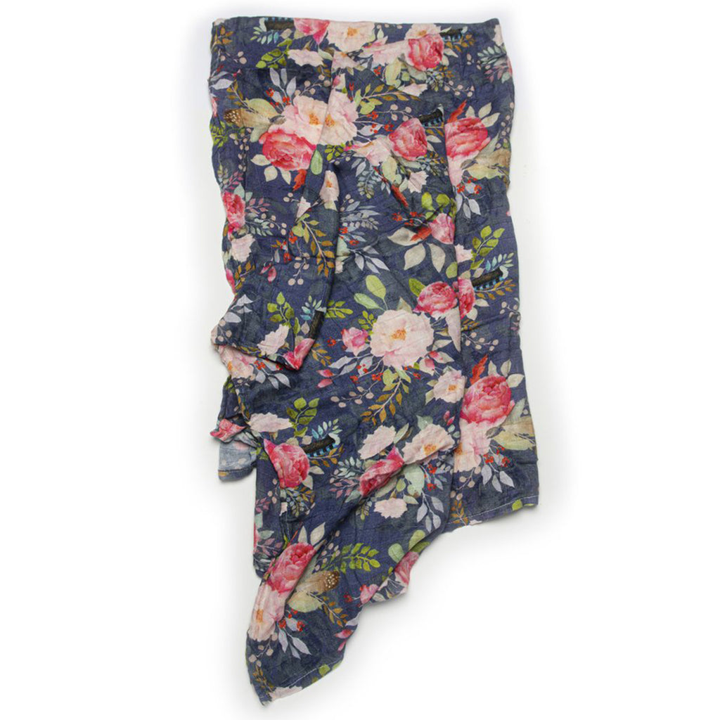LouLou LOLLIPOP Bamboo & Cotton Muslin Baby Swaddle Blanket midnight blue navy pink floral