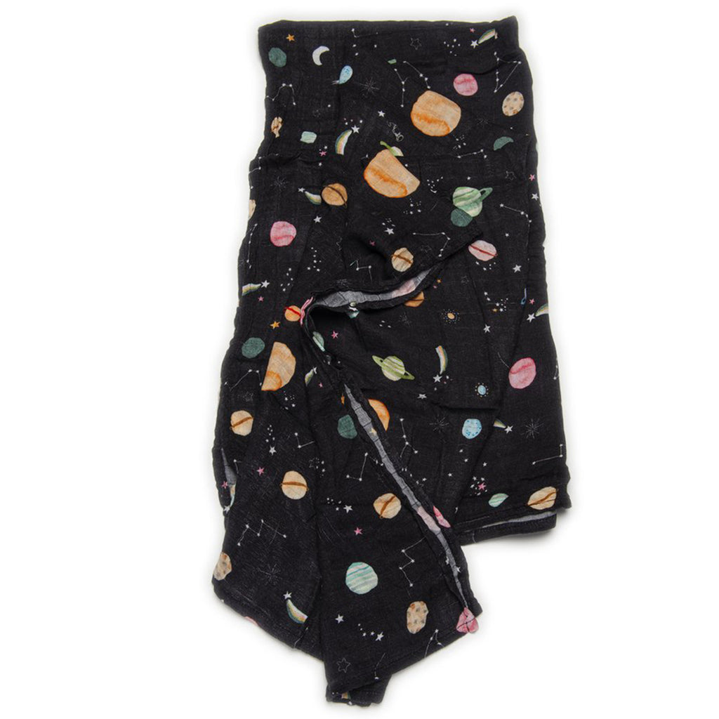 LouLou LOLLIPOP Bamboo & Cotton Muslin Baby Swaddle Blanket planets black 