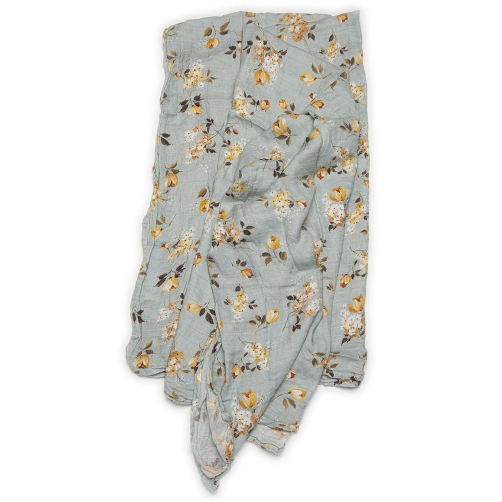 LouLou LOLLIPOP Bamboo & Cotton Muslin Baby Swaddle Blanket wild rose yellow floral slate blue