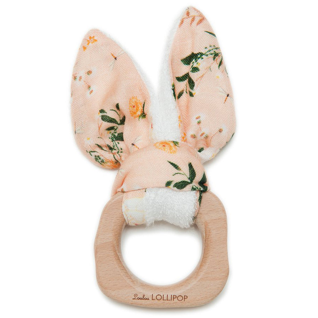 LouLou LOLLIPOP Wooden Ring Bunny Ear Infant Baby Teether Toy blushing protea pink light floral 