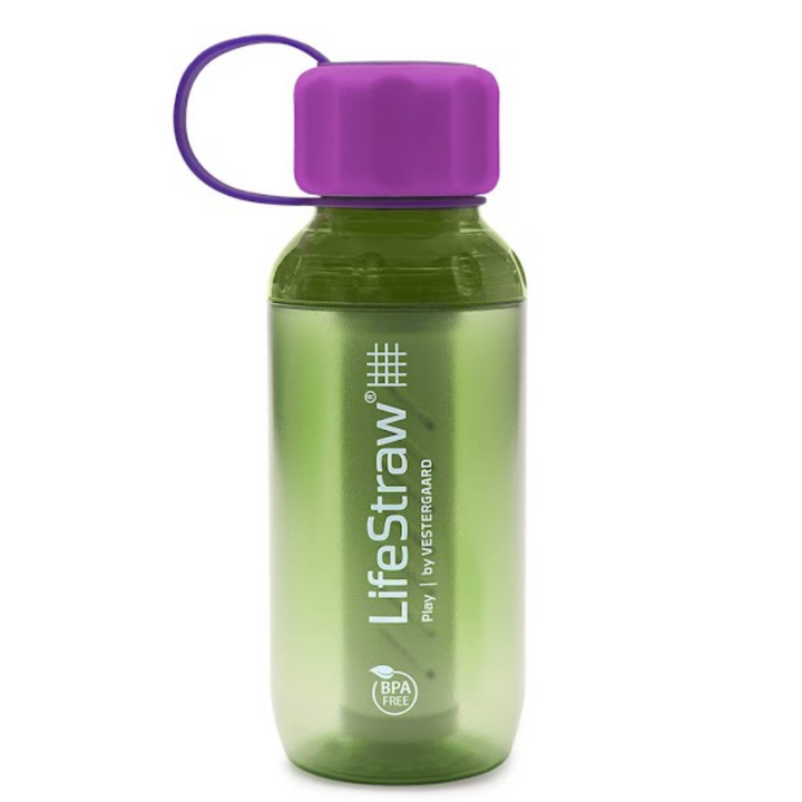 LifeStraw's Play Children's Water Bottle with Lead Reduction Filter green colored bottle, purple cap & cap strap