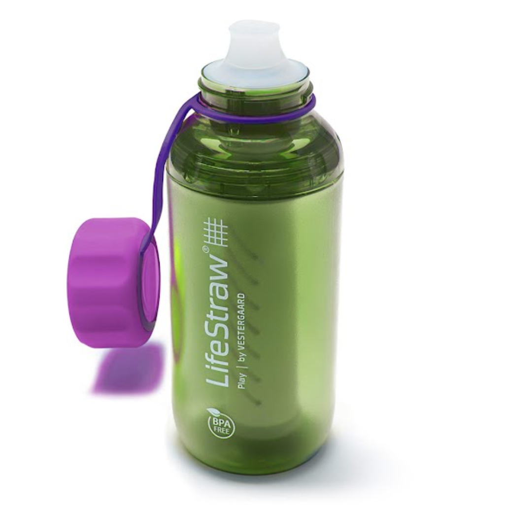 life_style1, LifeStraw's Play Children's Water Bottle with Lead Reduction Filter green colored bottle, purple cap & cap strap, white mouth piece