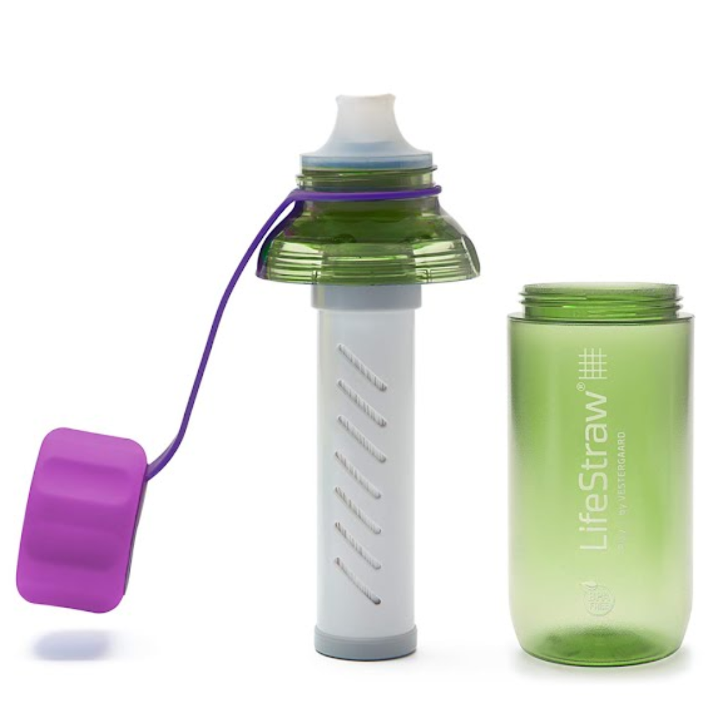life_style2, LifeStraw's Play Children's Water Bottle with Lead Reduction Filter green colored bottle, purple cap & cap strap, white mouth piece & filter