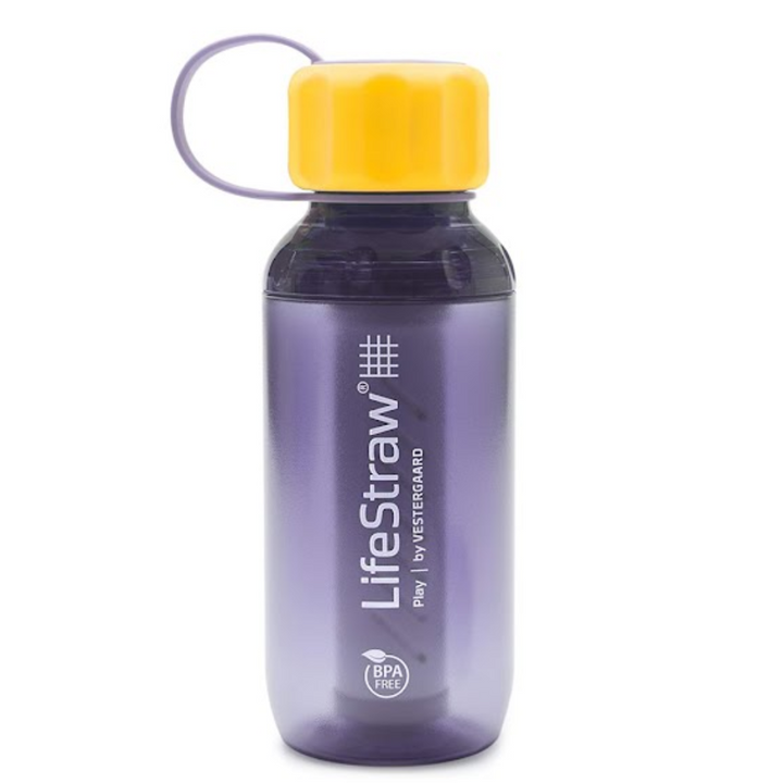 LifeStraw's Play Children's Water Bottle with Lead Reduction Filter purple colored bottle & cap strap, yellow cap