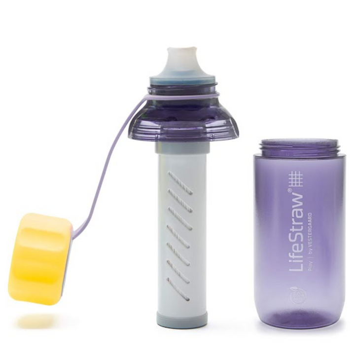 life_style2, LifeStraw's Play Children's Water Bottle with Lead Reduction Filter purple colored bottle & cap strap, yellow cap, white mouth piece & filter