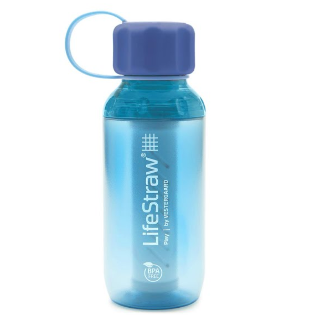 LifeStraw's Play Children's Water Bottle with Lead Reduction Filter light blue colored bottle & cap strap, medium blue cap