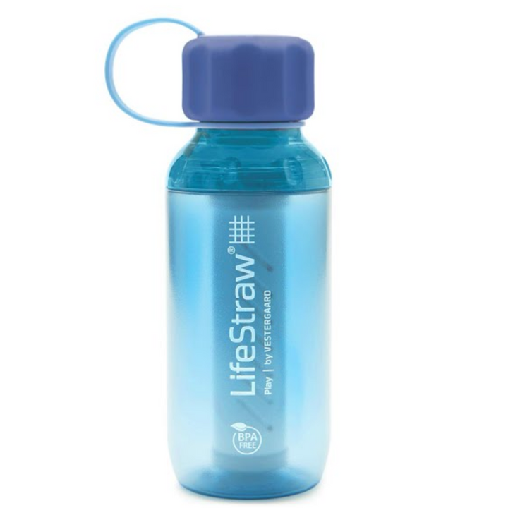 LifeStraw's Play Children's Water Bottle with Lead Reduction Filter light blue colored bottle & cap strap, medium blue cap